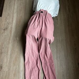 All in Favor Pink Paperbag Waist Straight Leg Pants